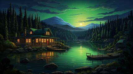 Fototapeta premium A lake house under the starry night sky