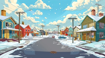 A lively street scene in a small village or rural town, portrayed in a cheerful cartoon flat style with asphalt roads, small houses, and ski elements under cloudy skies