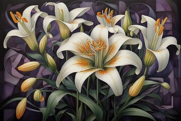 Stunning Lily Art: Abstract Oil Painting. A stunning painting capturing the essence of a bouquet of white, green, and orange lilies