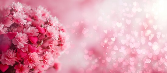 Fototapeta premium Pink delicate background with pink small flowers and hearts on the left. Banner or card with empty space for text. Summer love card.