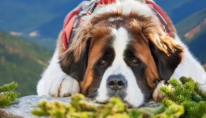 St. Bernard dog lies waiting for his master Looking suspicious in the middle of nature