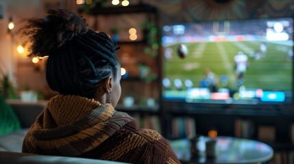Rear view of african american woman watching football match at home. Loyal fans