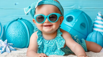  A baby girl in sunglasses and a headband sits on the sand before blue balls and a blue backdrop