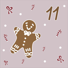 Naklejka premium Christmas illustration with gingerbread. Christmas Advent Calendar 25 hand drawn cards is a December countdown calendar vector illustration, Сhristmas eve creative winter set with numbers