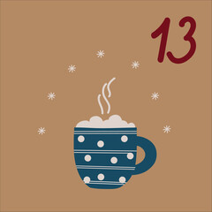 Christmas illustration with mug of cocoa. Christmas Advent Calendar 25 hand drawn cards is a December countdown calendar vector illustration, Сhristmas eve creative winter set with numbers