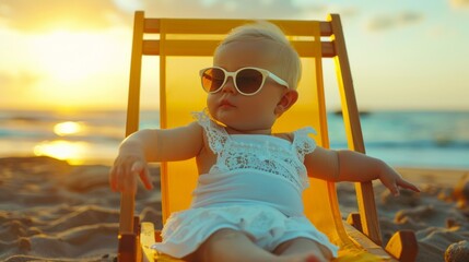 Adorable baby lounging on a beach chair at sunset, wearing stylish sunglasses and a cute lace outfit, with a serene ocean backdrop