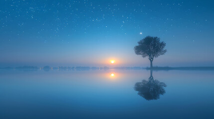 Beautiful reflection of a spring night by the river