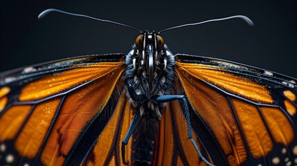 Hyperreal Macro Close-up of Monarch Butterfly's Enchanting Face with Intricate Patterns and Vibrant...