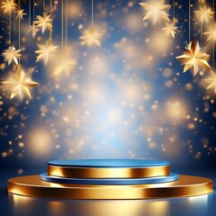 empty podium golden on blue background with light neon effects with bokeh decorations luxury scene