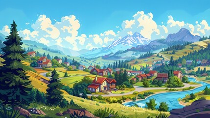 A vast suburban landscape featuring a large village with mountain views and countryside surroundings, illustrated in a cartoon vector style