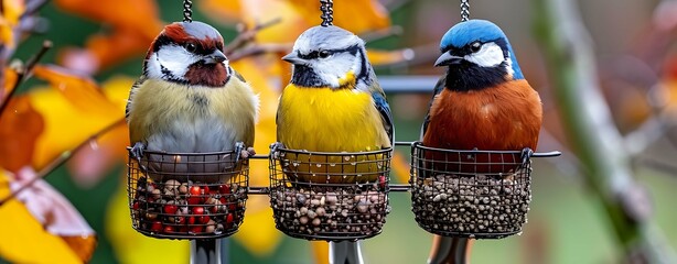Small songbirds sit on the bird feeder. Big tits and blue tits