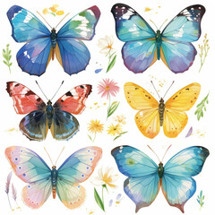 Colorful Butterfly Wings and Flower Petals on White Background, Vibrant Watercolor Illustration