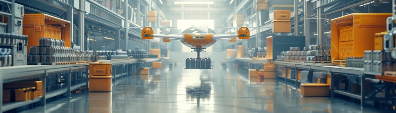 A wideangle shot of a futuristic warehouse with drones delivering products to automated checkout systems, illustrating cuttingedge logistics and retail technology
