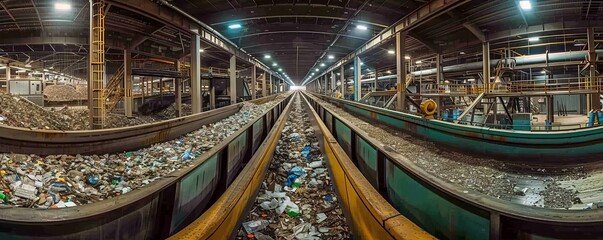Obraz premium A wideangle photo of a waste management facility with conveyor belts sorting recyclable materials, highlighting efforts in sustainable waste treatment