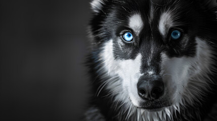 Majestic Siberian Husky with Blue Eyes on Black Background, Copy Space for Text, Generative AI

