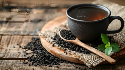 Black Tea Cup and Wooden Spoon with Tea Leaves on Rustic Background, Traditional Beverage Concept, Generative Ai

