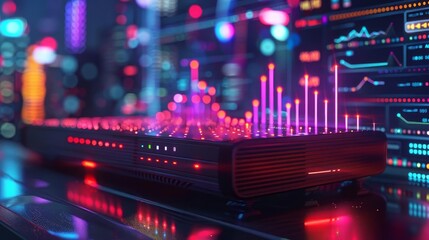 Obraz premium A vibrant display of a highspeed router with a holographic interface showing realtime network performance stats, catering to techsavvy homeowners looking for both aesthetics and functionality