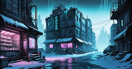 Gothic cyberpunk dystopian sci-fi urban city district in winter. Abandoned building exterior. Futuristic goth castle buildings covered in snow.