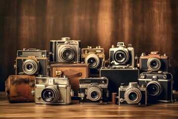 Retro cameras on wooden background. Vintage camera on wooden background.