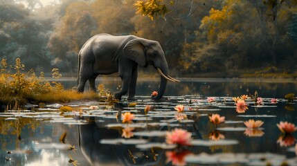 Majestic Elephant Quenches Thirst in Captivating Forest Pond Oasis