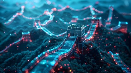 Futuristic Holographic Wireframe of Iconic Architecture in Glowing Quantum Realm