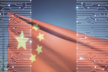 Abstract virtual micro chip hologram on Chinese flag and blue sky background, artificial...