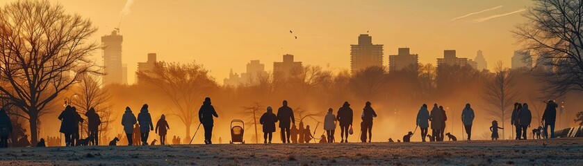 A striking visual of a city park at dusk, where the silhouettes of various figures, including joggers, dog walkers, and families, are outlined against the fading light, capturing a moment of urban lif
