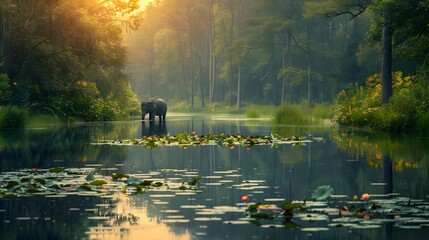 Tranquil Forest Pond with Elephant Drinking at Serene Waterside