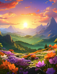 mountain view and forest green  pink and purple blossoms illustration