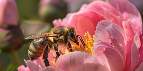 Bee on Pink Peony Flower, Delicate Pollination, Springtime Close-Up
