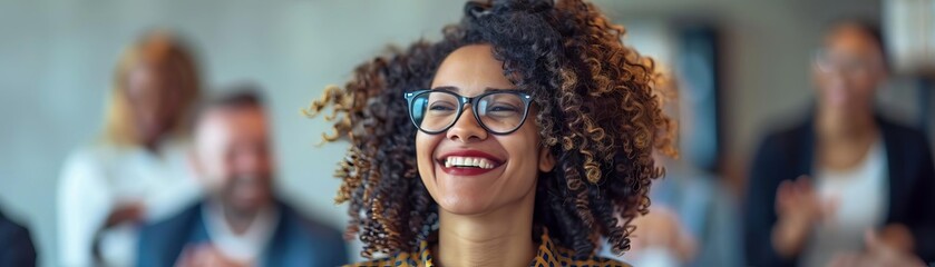 Obraz premium A professional woman in an office, cheering and holding her mobile phone after receiving a promotion email, surrounded by colleagues applauding her success