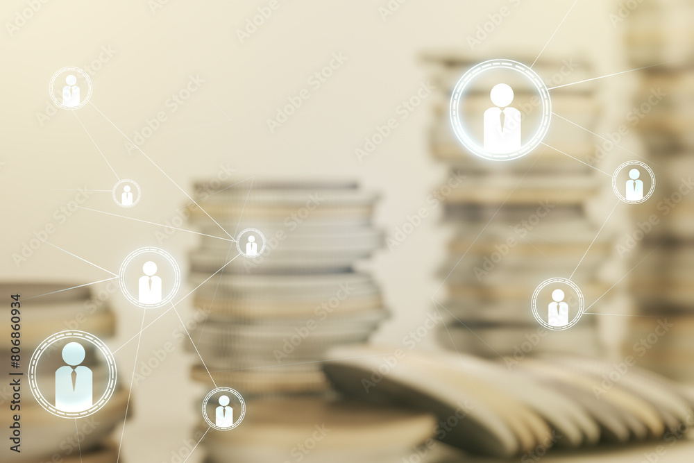 Poster abstract virtual social network concept on stacks of coins background. multiexposure