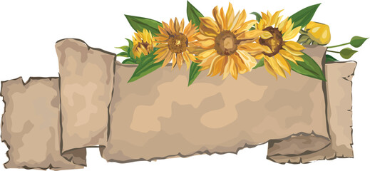 Old blank banner with sunflower on transparent background.
