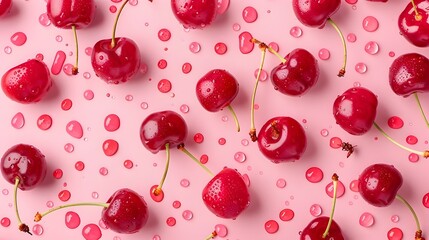 Bright and Juicy Cherry Medley - Overhead Pattern of Fresh Ripe Cherries on Vibrant Pink Background