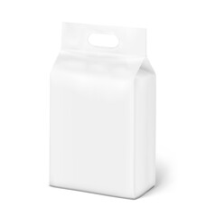 Realistic stand bag with hole handle mockup. Half side view. Vector illustration isolated on white background. Ready for your design. Suite for the presentation of diaper, wet wipes. EPS10.