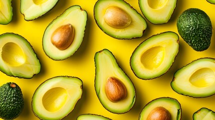 Bright and Appetizing Avocado Slices Arranged in Pattern on Vibrant Background for Lifestyle or Food Magazine Cover