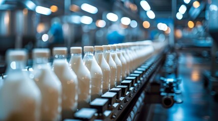 A panoramic view of a milk bottling line in a dairy production facility, with rows of filled bottles moving along a conveyor system, showcasing industrial efficiency