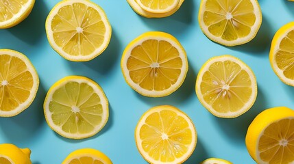 Fototapeta premium Vibrant Lemon Slices and Whole Fruits Arranged in Playful Pattern on Bright Background