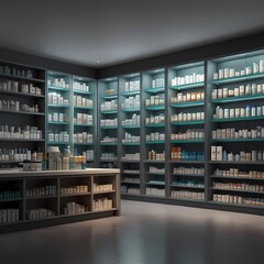 chemist shop or pharmacy. shelves containing various medicines. background for banner, poster, social media. generative ai
