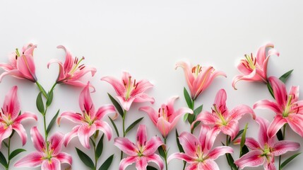 Composition with delicate pink lily flowers and greenery on a white background. Bottom composition of isolated flowers with copy space for design, text. Flat lay, top view.