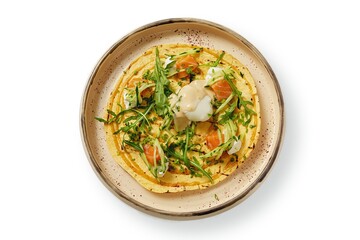 Salmon with feta cheese on corn tortilla with arugula, top view, on a white background, isolation.