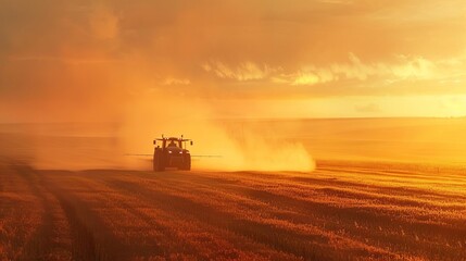 A modern tractor spraying fertilizers on a vast field of soybean crops at dawn, with a misty...