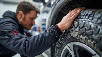 A mechanic in a clean uniform carefully aligning summer tires on a vehicle after removing the winter ones, showcasing thoroughness and attention to detail