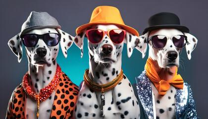drei, dalmatiner, close up, gruppe, neu, hut, sonnenbrille, cartoon, spaßig, solid, background, bunt, anzug, surreal, bizarre, lustig, komisch, isoliert, freisteller, gestalten, entwerfen, hund, punkt