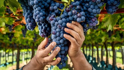 a farmer's hands delicately picking ripe, juicy grapes from a vine.