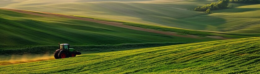 Obraz premium A lone tractor traversing a sprawling green field, with panoramic views of the surrounding countryside, highlighting the expanse of agricultural land