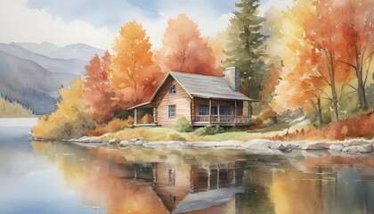 Watercolor Depiction Of A Peaceful Lakeside Cabin Upscaled 3