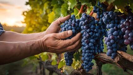 a farmer's hands delicately picking ripe, juicy grapes from a vine.