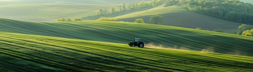 Fototapeta premium A lone tractor traversing a sprawling green field, with panoramic views of the surrounding countryside, highlighting the expanse of agricultural land