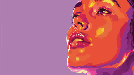 Young tanned woman on lilac background closeup